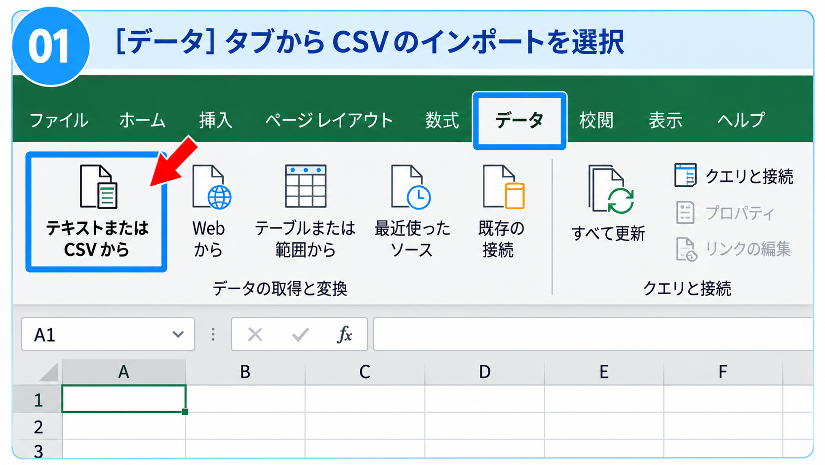 ExcelのデータタブにあるテキストまたはCSVからの読み込みボタン