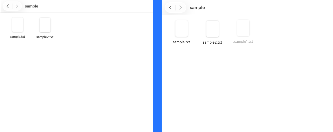 Finderで隠しファイルを表示する前後の比較。表示後はsample1.txtが薄く見える